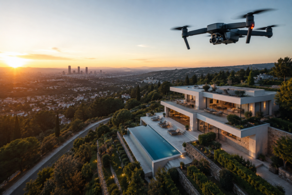Vue aérienne par drone d’une villa contemporaine de prestige avec piscine et panorama sur Lyon au coucher du soleil.