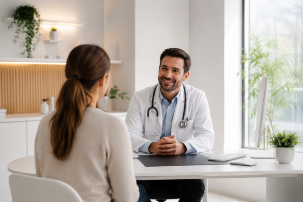 Médecin accueillant un patient dans un cabinet médical moderne et lumineux.