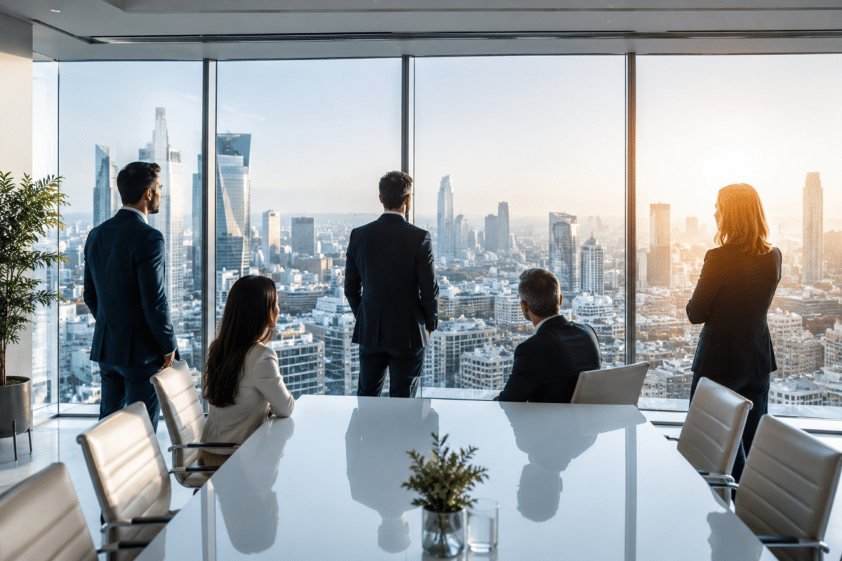 Dirigeants observant une ville depuis une salle de réunion moderne illustrant les enjeux de visibilité digitale des entreprises