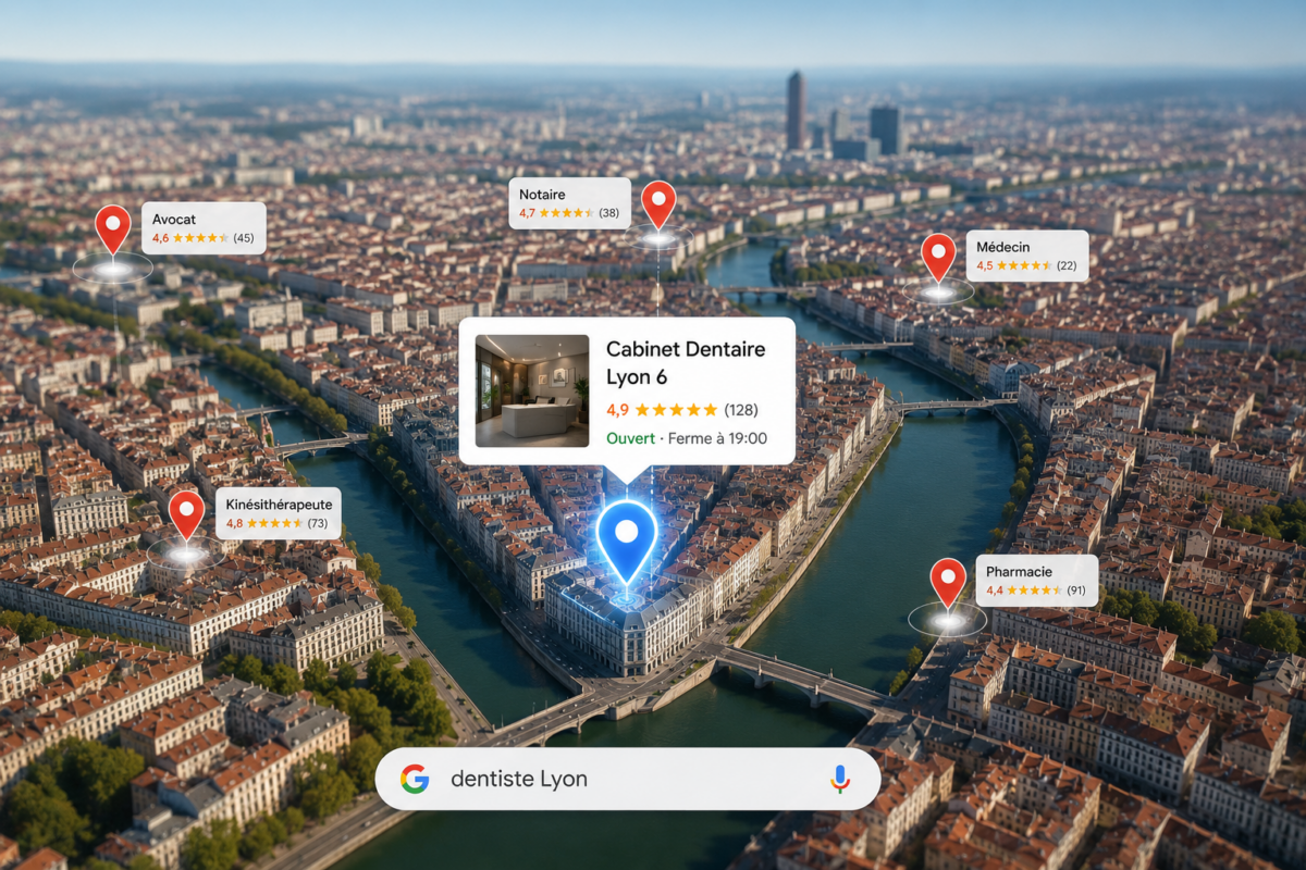 Vue aérienne de Lyon avec Google Maps mettant en avant une entreprise locale visible grâce à Google Business Profile.