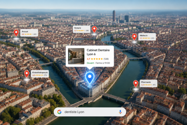 Vue aérienne de Lyon avec Google Maps mettant en avant une entreprise locale visible grâce à Google Business Profile.