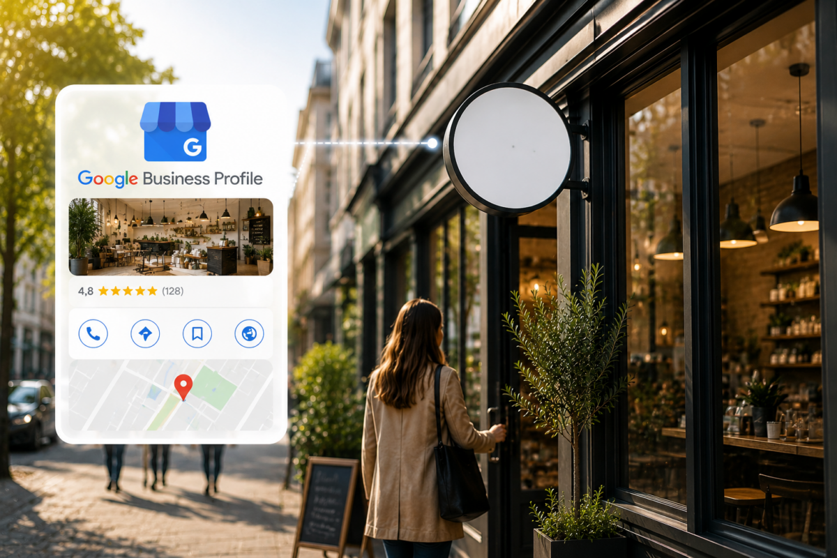 Commerce local avec fiche Google Business Profile mise en avant pour illustrer la visibilité locale sur Google.