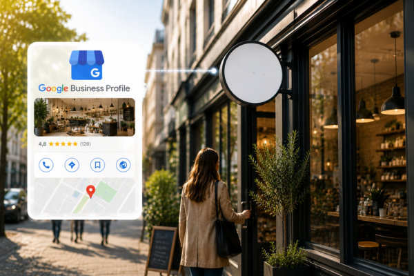 Commerce local avec fiche Google Business Profile mise en avant pour illustrer la visibilité locale sur Google.