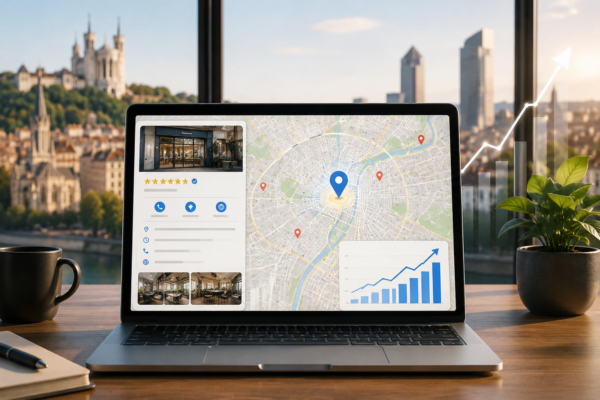 Ordinateur affichant Google Maps et une fiche d'entreprise optimisée pour améliorer la visibilité locale.