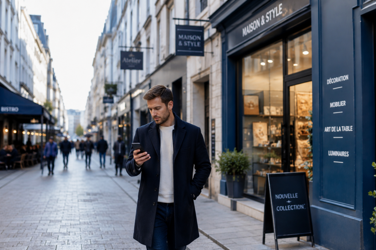 Personne consultant son téléphone dans une rue commerçante moderne pour rechercher une entreprise ou un service local