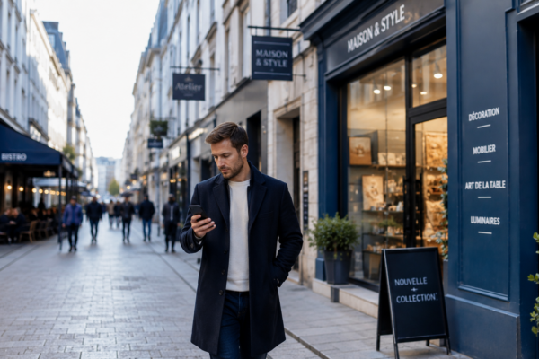Personne consultant son téléphone dans une rue commerçante moderne pour rechercher une entreprise ou un service local