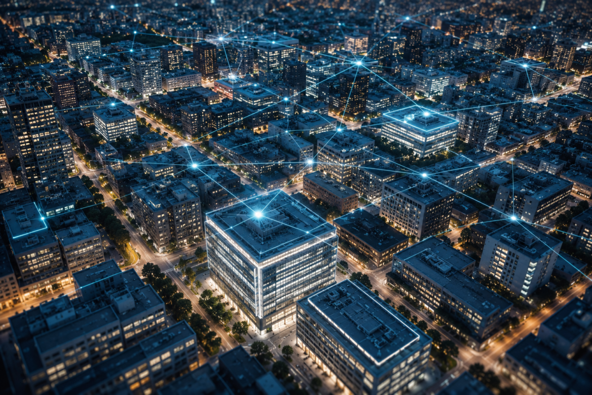 Vue aérienne d'un quartier moderne connecté illustrant la structure et l'organisation d'un site optimisé pour les moteurs IA