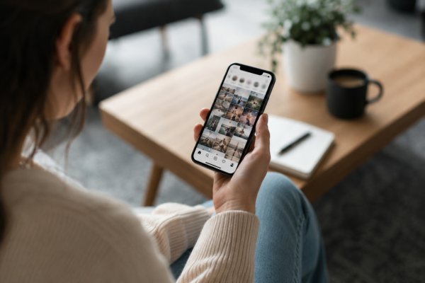 Personne consultant les réseaux sociaux sur smartphone pour améliorer la visibilité d'une entreprise sur Google