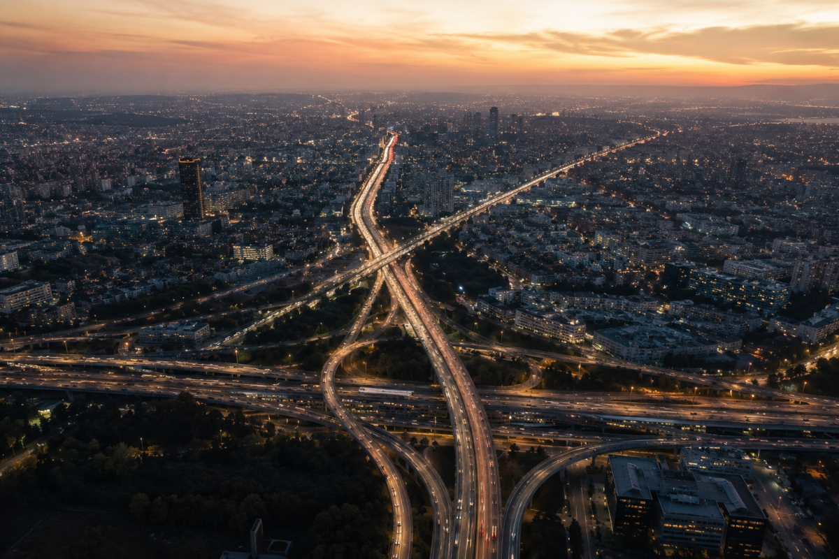 Vue aérienne d'une grande ville illustrant l'évolution du SEO classique vers une visibilité digitale multicanale