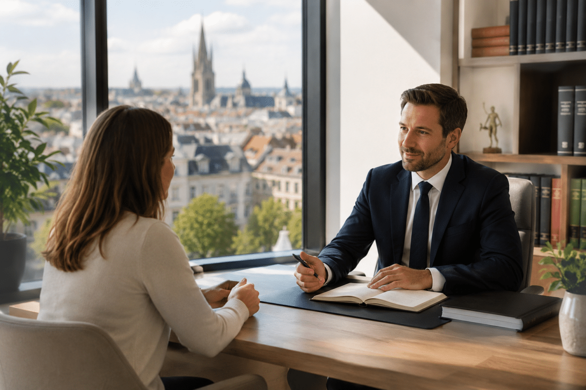 Professionnel recevant un client dans un bureau moderne avec vue sur la ville pour illustrer le SEO local des professions libérales.