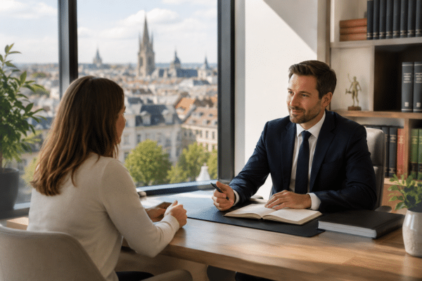 Professionnel recevant un client dans un bureau moderne avec vue sur la ville pour illustrer le SEO local des professions libérales.