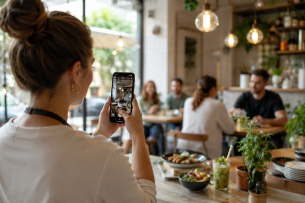 Commerçante filmant un Reel Instagram dans son établissement pour promouvoir son activité locale