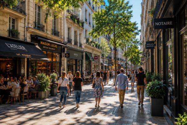 Rue commerçante animée avec commerces, restaurants et professions libérales illustrant la visibilité des entreprises locales